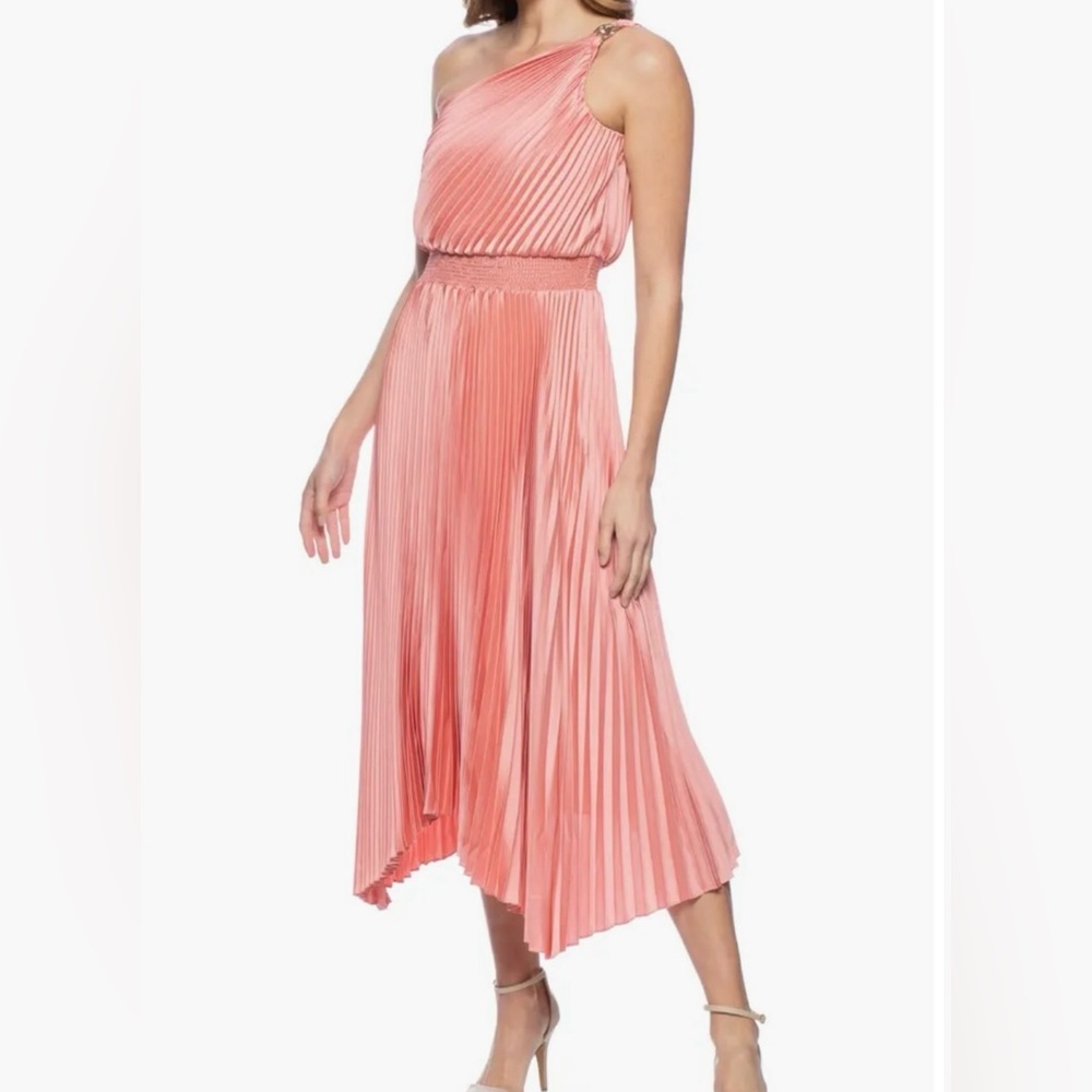 NWT!!  MARINA L Pink Pleated One-Shoulder Midi-A-Line Dress Satin Buckle Accent.